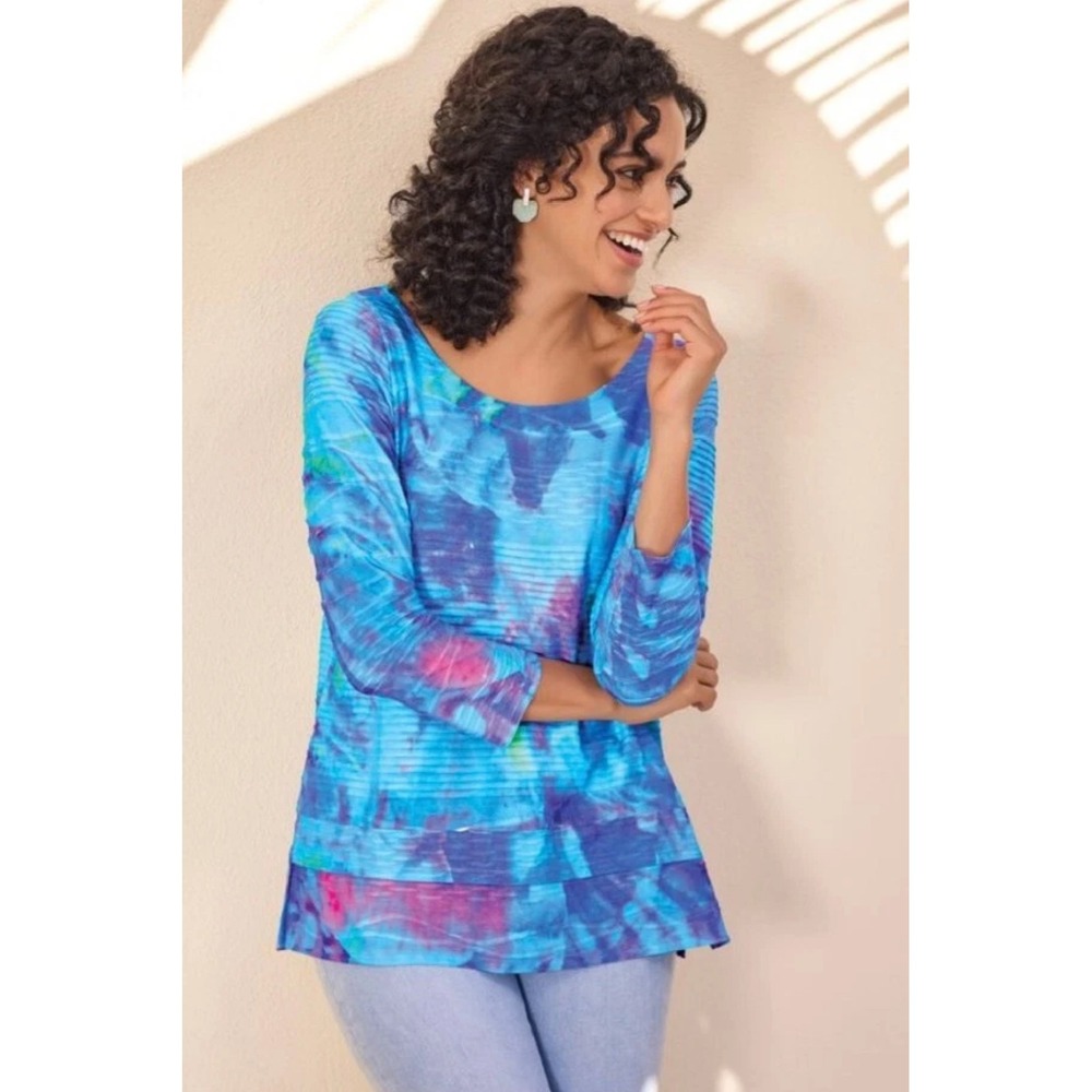 Soft Surroundings Blue Abstract Watercolor Ribbed Scoop Neck Tunic Size 2X